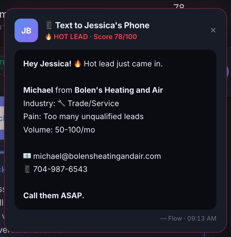 Simple Flow Automations hot lead text alert - instant SMS notification with the lead's name, business, industry, pain point, and contact info sent straight to the owner's phone