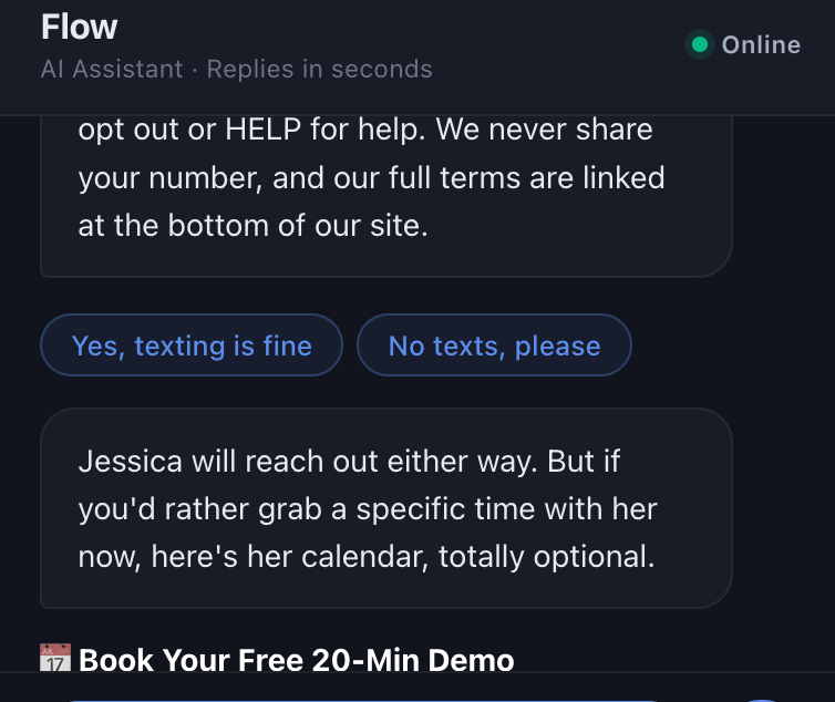 The two consent buttons in the Flow chat: Yes, texting is fine, and No texts, please. Neither option is pre-selected.