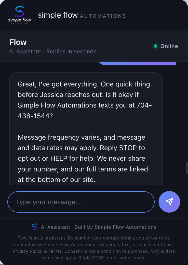 The Flow chat assistant asking for express permission to send text messages, with the full SMS disclosure and the always-visible consent language in the chat footer.